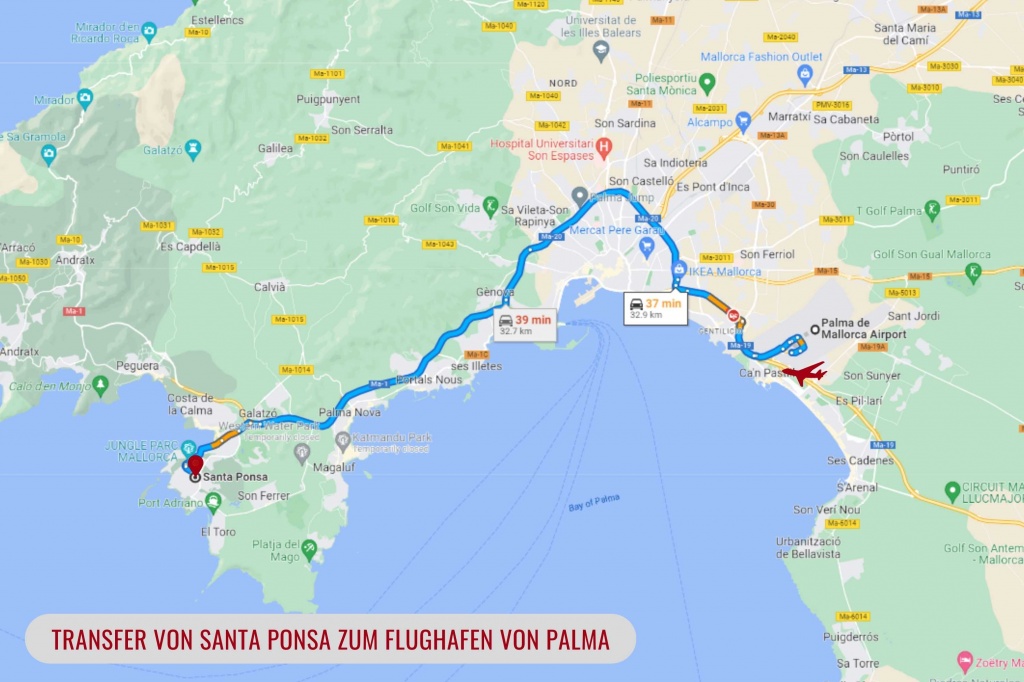 Ein Transfer vom Flughafen Palma Mallorca nach Santa Ponsa dauert nur 35 Minuten